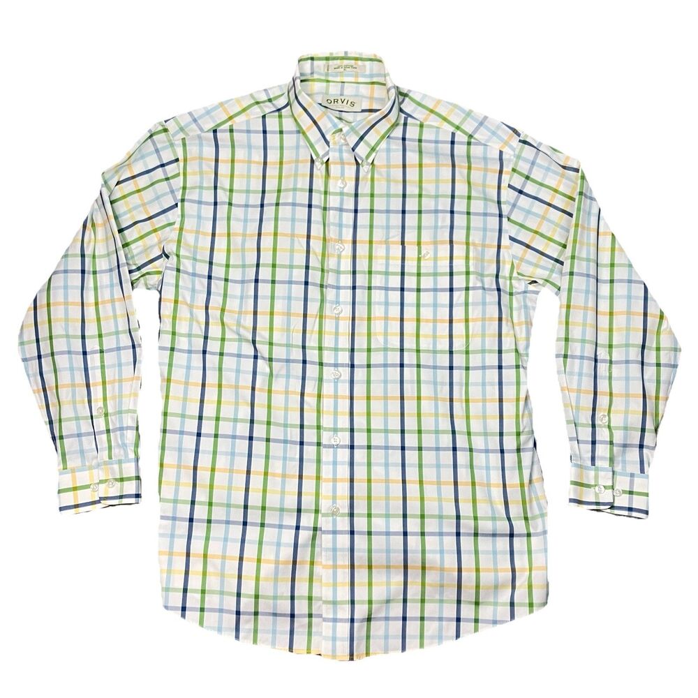 Orvis Button Front Shirt Mens XL White Plaid Cotton Long Sleeve * NEEDS REPAIR *